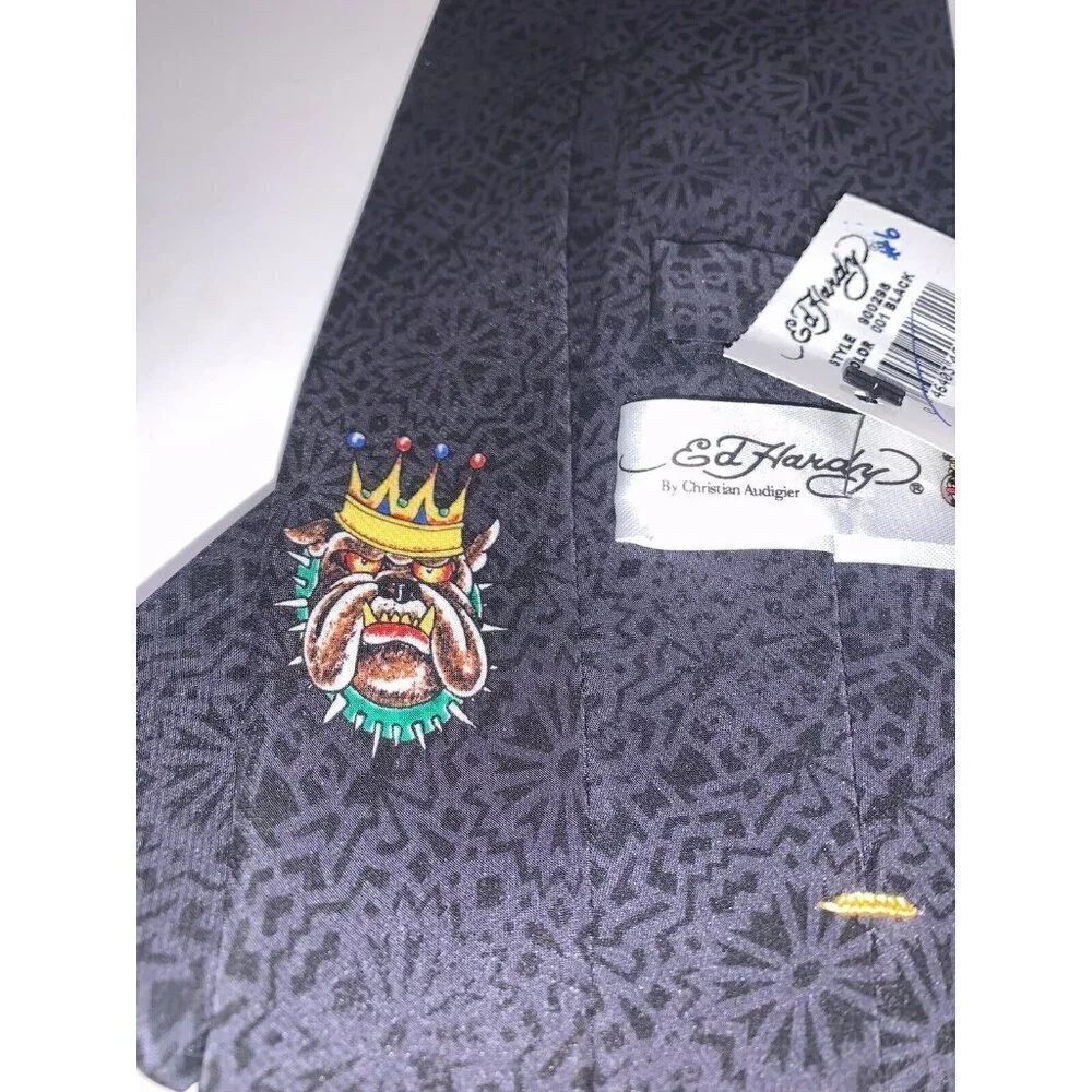 Ed Hardy Christian Audigier Silk Necktie Bull Dog and Crown‎ Mens Tie